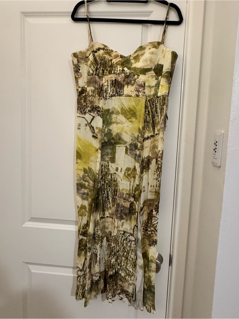 Zara Green and Cream Printed Spaghetti Strap Midi Dress